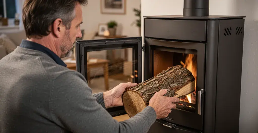 Personne chargeant des bûches dans un poêle à bois, geste quotidien chauffage autonome