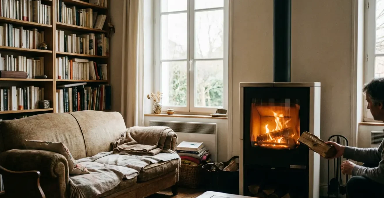 Poêle à bois moderne allumé dans un salon chaleureux, chauffage autonome sans électricité