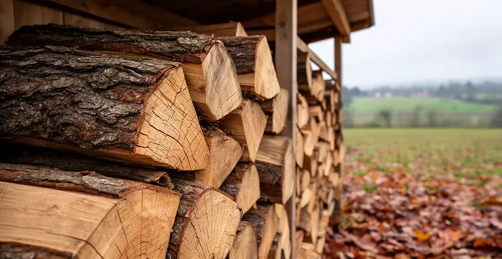 Pile de bûches de bois sec bien rangées, stockage combustible poêle