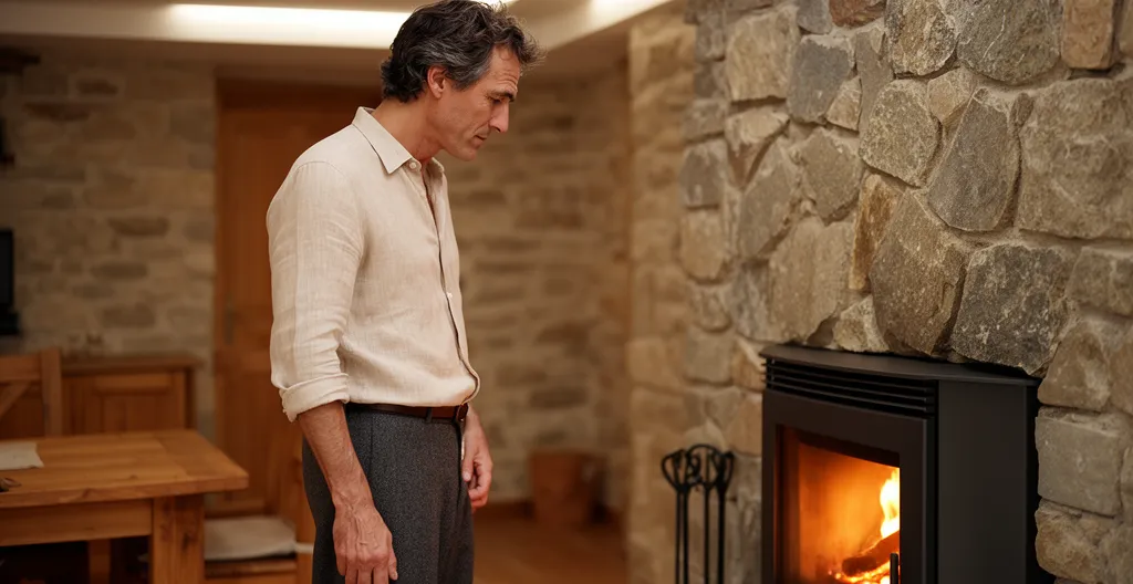 Inertie thermique poêle à bois : adulte observant la chaleur rayonnante d'un habillage en pierre