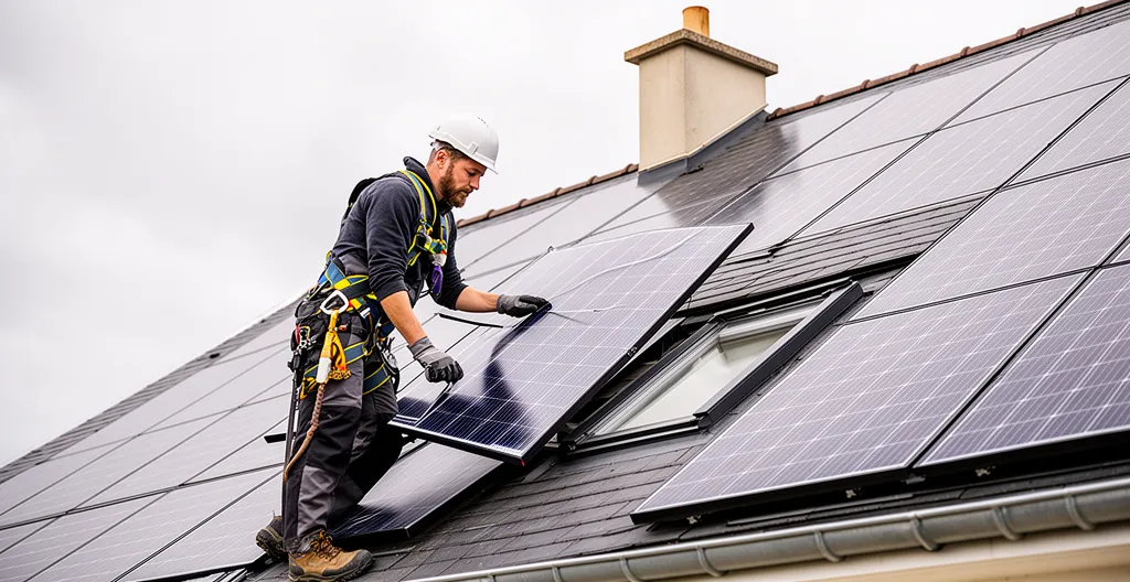Technicien installant des panneaux photovoltaïques sur une toiture résidentielle