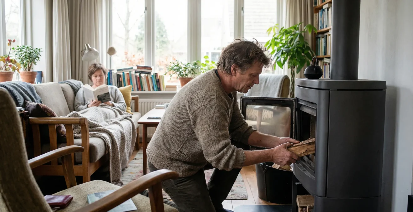 Inertie thermique poêle à bois : adulte ajoutant une bûche dans un salon chauffé