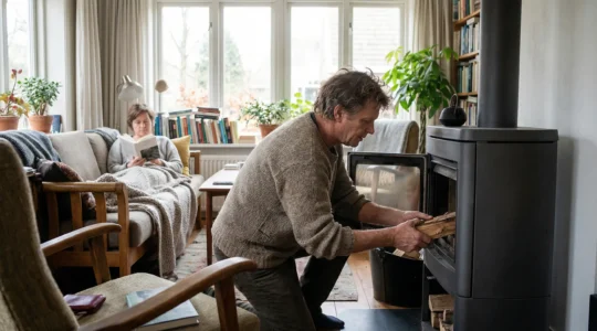 Inertie thermique poêle à bois : adulte ajoutant une bûche dans un salon chauffé
