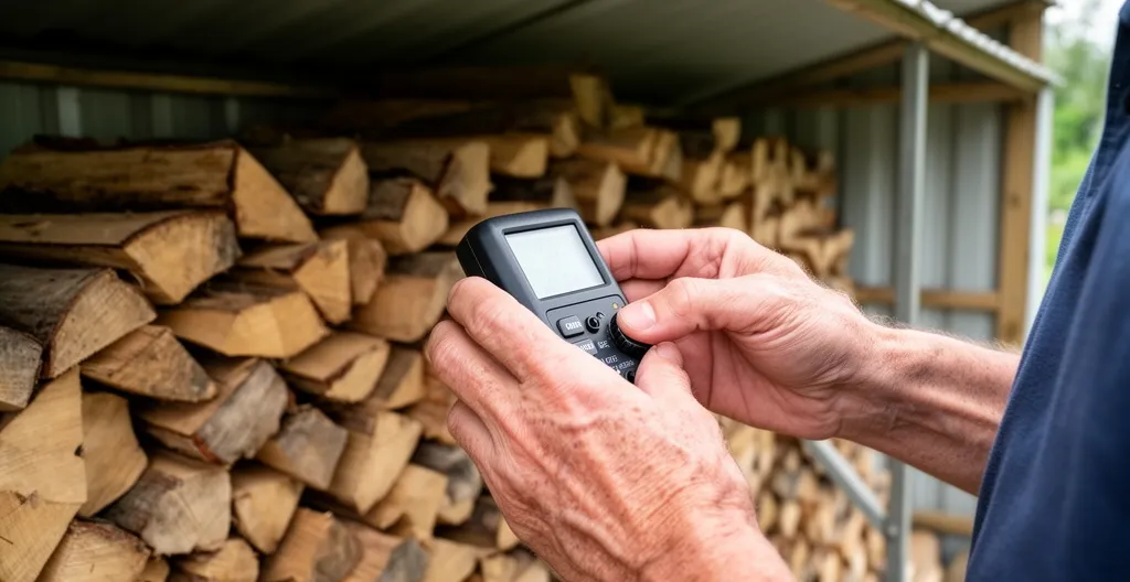 Inertie thermique poêle à bois : empilement de bûches sèches dans un abri ventilé